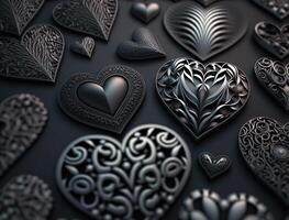 Abstract black geometric background Various heart shapes Flat lay created with technology photo