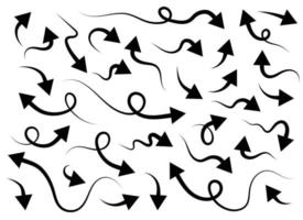 Hand drawn black curved arrow shape in doodle style. Arrow line set vector