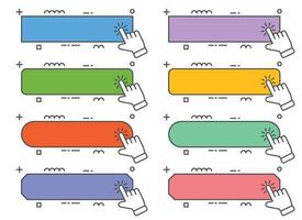 Hand cursor with click here banner vector set. Action button with mouse click