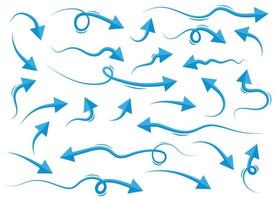 Hand drawn blue curved arrow shape in doodle style. Arrow line set vector