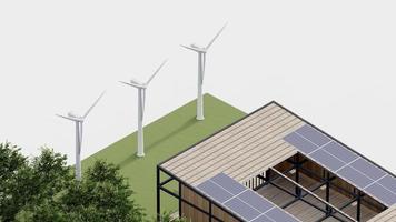 eco house isometric nature sustainable. green isometric home environment solar cell forest with windmill ecology , 3d render illustration. isometric architecture with tree, grass leaf, on isolated. photo