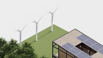 eco house isometric nature sustainable. green isometric home environment solar cell forest with windmill ecology , 3d render illustration. isometric architecture with tree, grass leaf, on isolated. photo