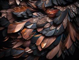 Flat lay bird feathers rose gold sequins and rhinestones black wood texture holographic high detail top view created with technology photo