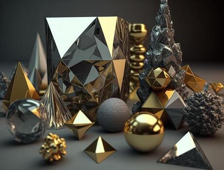 Abstract chaotic geometric background Glossy pyramids and spheres background created with technology photo