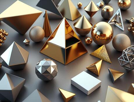 Abstract chaotic geometric background Glossy pyramids and spheres background created with technology photo