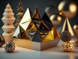 Abstract chaotic geometric background Glossy pyramids and spheres background created with technology photo