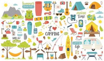 A collection of elements for camping, traveling, hiking, outdoor recreation, picnic. Graphic objects for scrapbooking, posters, banners, stickers, cards. Flat vector illustration isolated on white.