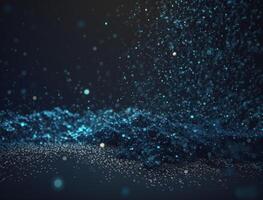 Dark blue and glow particle abstract background Blurry bokeh background with sparkles, particles and glitter created with technology photo