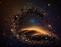 Dark blue and glow particle abstract background Blurry bokeh background with sparkles, particles and glitter created with technology photo