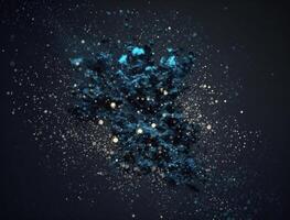 Dark blue and glow particle abstract background Blurry bokeh background with sparkles, particles and glitter created with technology photo