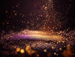 Dark blue and glow particle abstract background Blurry bokeh background with sparkles, particles and glitter created with technology photo