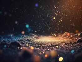 Dark blue and glow particle abstract background Blurry bokeh background with sparkles, particles and glitter created with technology photo