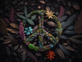 Peace symbol made by floral elements created with technology photo