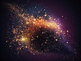 Dark blue and glow particle abstract background Blurry bokeh background with sparkles, particles and glitter created with technology photo