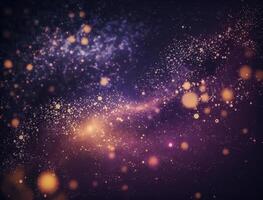 Dark blue and glow particle abstract background Blurry bokeh background with sparkles, particles and glitter created with technology photo
