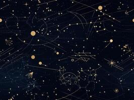 Starry sky space background seamless pattern in dark blue and green colors created with technology photo