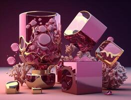 Vibrant pink and gold abstract composition of colorful circular shapes arranged in a grid pattern was created with technology photo