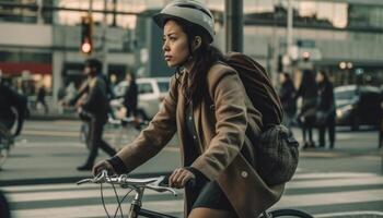 un persona utilizando bicicleta a trabajar, reduciendo su carbón huella y promoviendo Respetuoso del medio ambiente viajando generativo ai foto