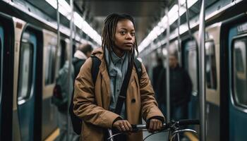 A person using public transportation to work, reducing their carbon footprint and promoting eco-friendly commuting. photo