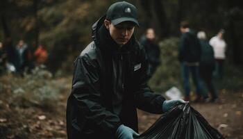 un persona participativo en un local comunidad limpiar evento, cosecha arriba camada y Ayudar a mantener el ambiente limpio. foto