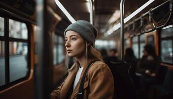 A person using public transportation to work, reducing their carbon footprint and promoting eco-friendly commuting. photo