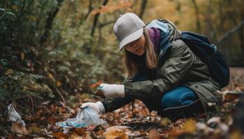 A person participating in a local community clean-up event, picking up litter and helping to keep the environment clean. photo