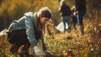 A person participating in a local community clean-up event, picking up litter and helping to keep the environment clean. photo