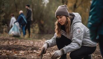 A person participating in a local community clean-up event, picking up litter and helping to keep the environment clean. photo