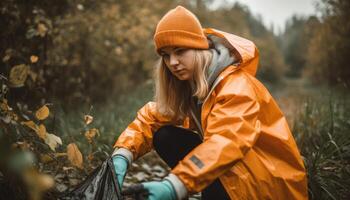 A person participating in a local community clean-up event, picking up litter and helping to keep the environment clean. photo