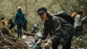 un persona participativo en un local comunidad limpiar evento, cosecha arriba camada y Ayudar a mantener el ambiente limpio. foto