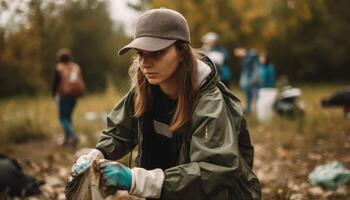 A person participating in a local community clean-up event, picking up litter and helping to keep the environment clean. photo