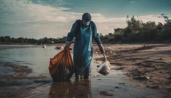 A person participating in a beach or river cleanup, with a focus on the amount of trash and the impact it has on the environment. photo