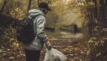 A person participating in a local community clean-up event, picking up litter and helping to keep the environment clean. photo