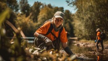 A person participating in a local community clean-up event, picking up litter and helping to keep the environment clean. photo