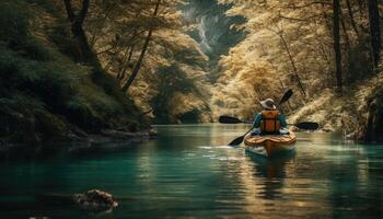 A person enjoying an eco-friendly activity, such as kayaking or hiking, with a focus on the importance of preserving natural habitats. photo