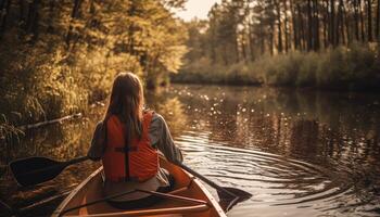 A person enjoying an eco-friendly activity, such as kayaking or hiking, with a focus on the importance of preserving natural habitats. photo