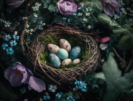 Happy Easter background concept with easter eggs in nest and spring flowers created with technology photo