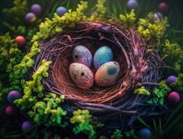 Happy Easter background concept with easter eggs in nest and spring flowers created with technology photo