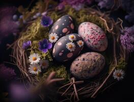 Happy Easter background concept with easter eggs in nest and spring flowers created with technology photo