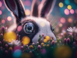 Happy Easter background concept Bunny with easter eggs on meadow with flowers created with technology photo
