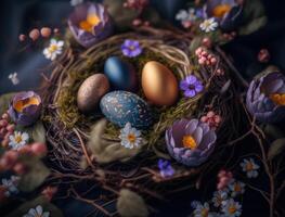 Happy Easter background concept with easter eggs in nest and spring flowers created with technology photo