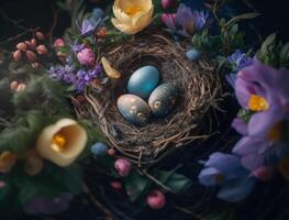 Happy Easter background concept with easter eggs in nest and spring flowers created with technology photo