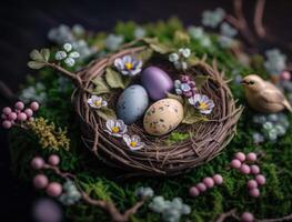 Happy Easter background concept with easter eggs in nest and spring flowers created with technology photo