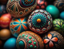 Happy Easter background concept with colorful easter eggs flat lay created with technology photo