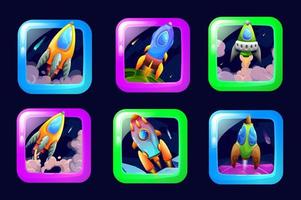 dibujos animados espacio juego aplicación, astronave barco de estrellas íconos vector