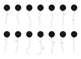 Set of black silhouette party balloons tied with strings. Vector illustration in cartoon style