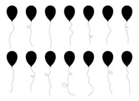 Set of black silhouette party balloons tied with strings. Vector illustration in cartoon style