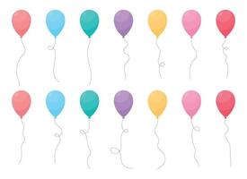 Set of colored party balloons tied with strings. Vector illustration in cartoon style