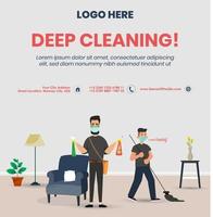 Deep cleaning vector template for cleaning service. Two cleaners infecting room. Cleaners cleaning of a room to kill corona virus. Cleaners working vector illustration. Deep cleaning of room vector