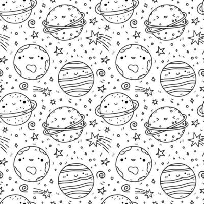 Cute seamless pattern with kawaii planets and stars on white background. Vector hand-drawn illustration in doodle style. Perfect for print, decorations, wrapping paper, wallpaper.